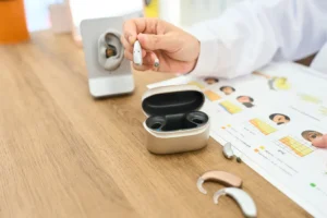 Modern rechargeable hearing aids with charging case and fitting equipment